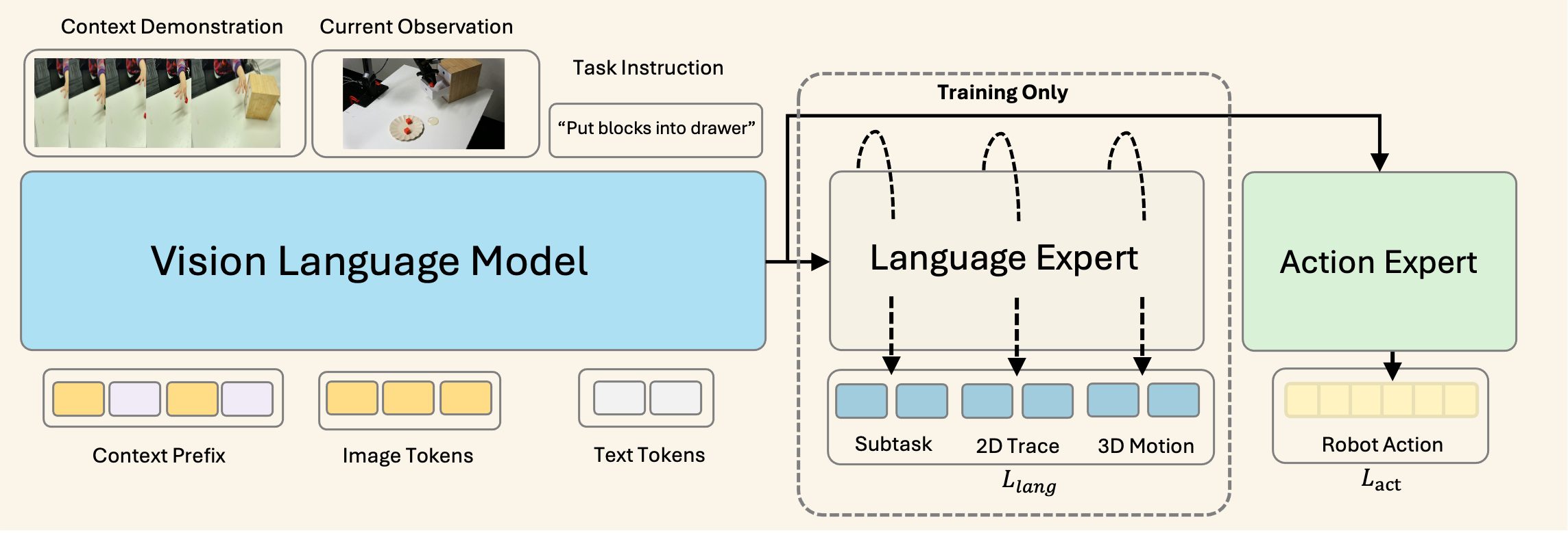 Shared vision-language model feeding a training-only language expert and an action expert in parallel.